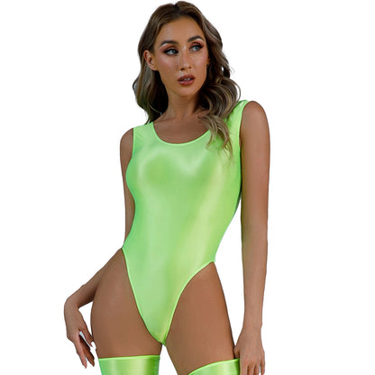 Women's Swimsuit One Piece Swimwear Oil Glossy Stretchy Gym Fitness Long Sleeve Round Neck Tights Leotard Bodysuit Clubwear