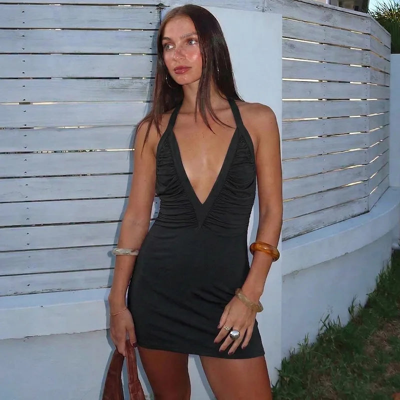 Talenza Women Summer Dress Fashion Sexy V-neck Pleated Backless New Dress Elegant Luxurious Party Vacation Women's Casual Dress