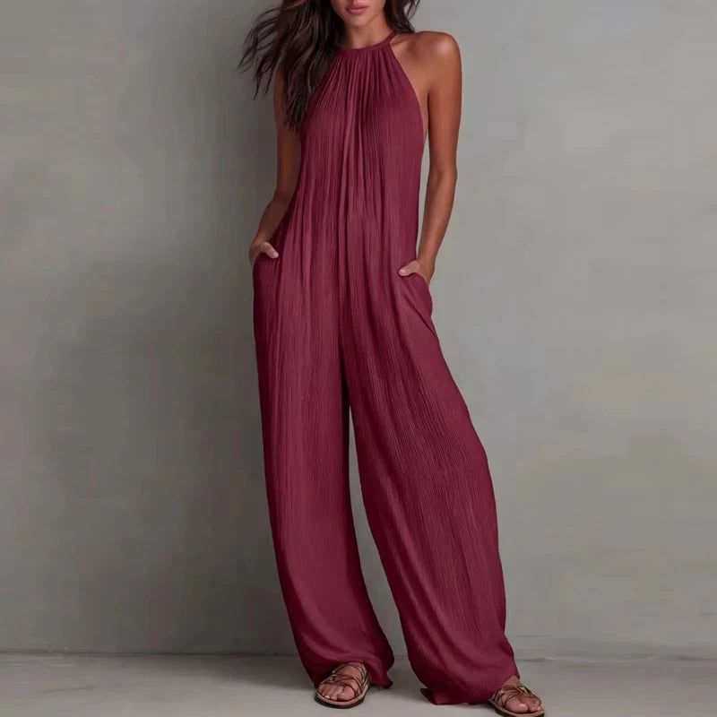 Women's Halter Sleeveless Jumpsuit New Beach Vacation Textured Overalls with Pockets Wide Leg Romper Casual Spring Summer Outfit