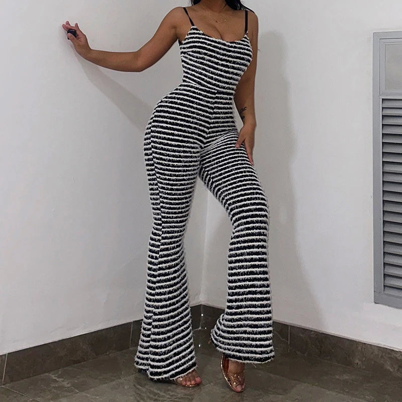 OMSJ New Style Backless Jumpsuits For Women Sexy Camisoles High Waist Hip Lifting Striped One-piece Rompers Flare Pants Clubwear