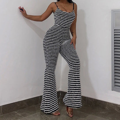 OMSJ New Style Backless Jumpsuits For Women Sexy Camisoles High Waist Hip Lifting Striped One-piece Rompers Flare Pants Clubwear