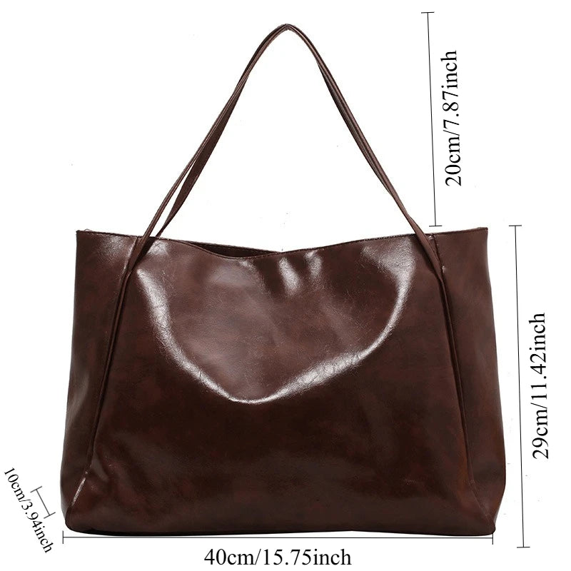 Personalized Name Embroidery Women's Large Tote Bag Brown Faux Leather Shoulder Handbag Vintage Soft Casual Bag for Work Travel