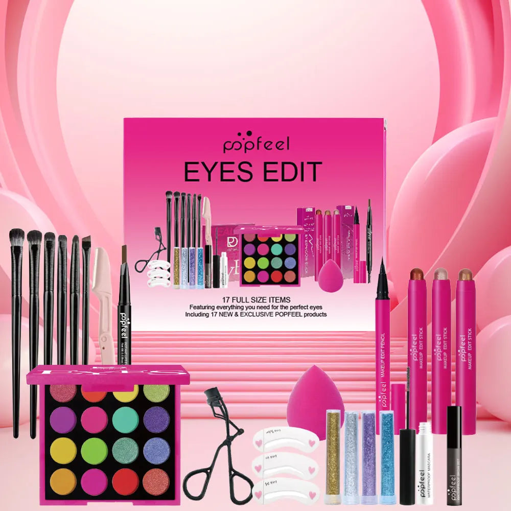 POPFEEL 22-Piece Eye Makeup Set: Includes 16-Color Eyeshadow Palette, Pearl Shimmer, Eyeshadow, Brow Tint, Black Eyeliner