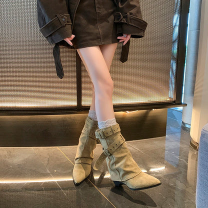 2025 Pointed Toe Women's Winter Boots Designer Mid Heels Elegant Shoes Pumps Fashion Boots New Trend Dress Gothic Ladies Boots
