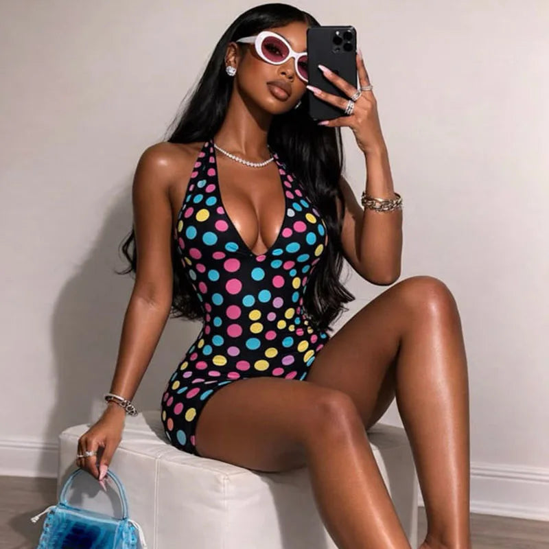 Doyerl Polka Dot Short Jumpsuits for Woman Summer Clothes 2026 Halter V-neck Backless Sleeveless Skinny One Piece Playsuit Mono