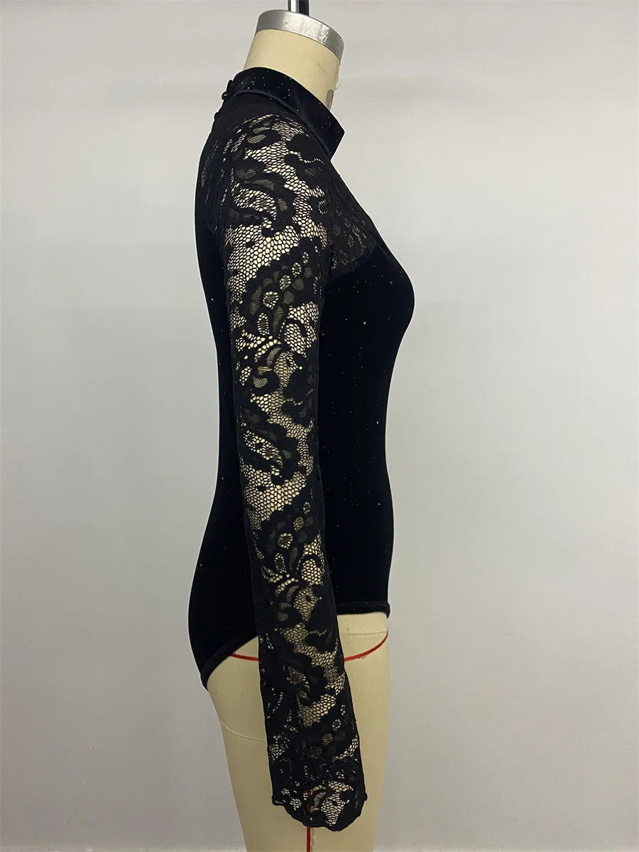 Benuynffy Mock Neck Long Sleeve Lace Body Top Women's Autumn 2025 Sexy Party Elegant Glitter Velvet Stretch Slim Female Bodysuit
