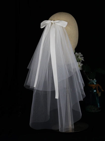 LA003 Bridal Veil Two-Layer Plain Tulle Satin Bow Handmade White Short Headdress Veil for Wedding Dress