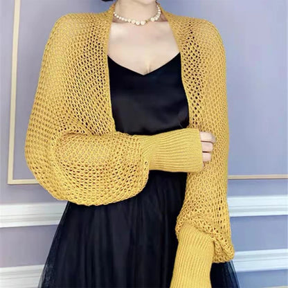 Summer Women Solid Color Hollow Out Long Sleeve Sunscreen Loose Knitted Cardigan
