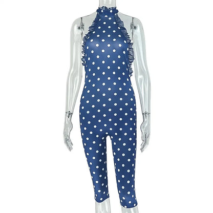 Women's Gauze Patchwork Dot Print Lace-Up Halter Sleeveless Waistband Backless Sexy Bodycon Jumpsuits