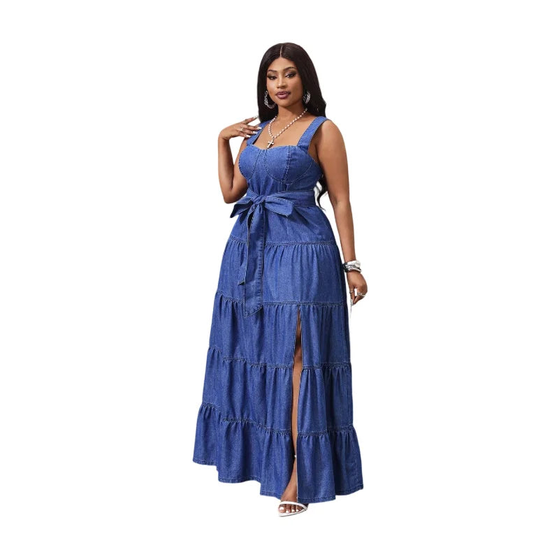 Women Square Neck Sleeveless Tiered Maxi Dress With Front Slit For Casual Streetwear Vacation And Daily Occasion