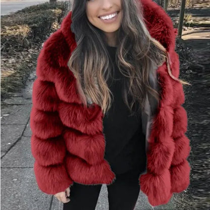 Fashion Winter Women Imitation Fox Fur Jacket Hooded Loose Long Sleeves Female Eco Fur Coat Patchwork Plush Thick Lady Fur Coat