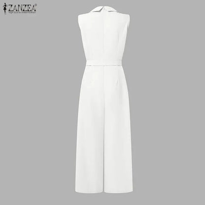 Fashion Women Jumpsuits ZANZEA 2026 Summer Rompers Lapel Neck Sleeveless Playsuit Elegant OL Work Wide Leg Overalls Trousers