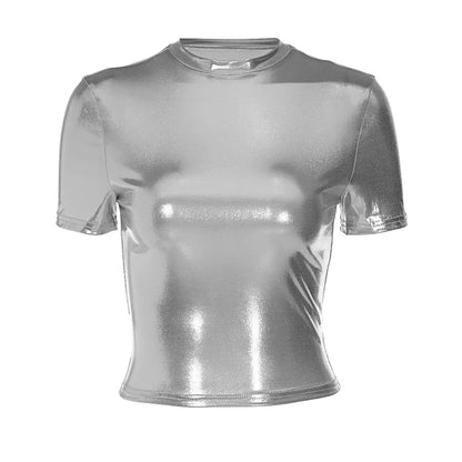 Leather Solid O Neck Short Sleeves Sexy Slim Y2K T-Shirt Top 2024 Summer Women Fashion Tees Streetwear Grunge Clothes