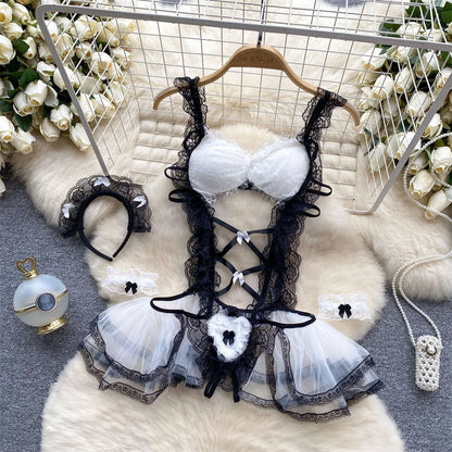 Women Lace Patchwork Velour Strappy Catsuits Fashion One Piece Combination Rompers Erotic Fashion Sexy Bunny Bodysuits Cosplay