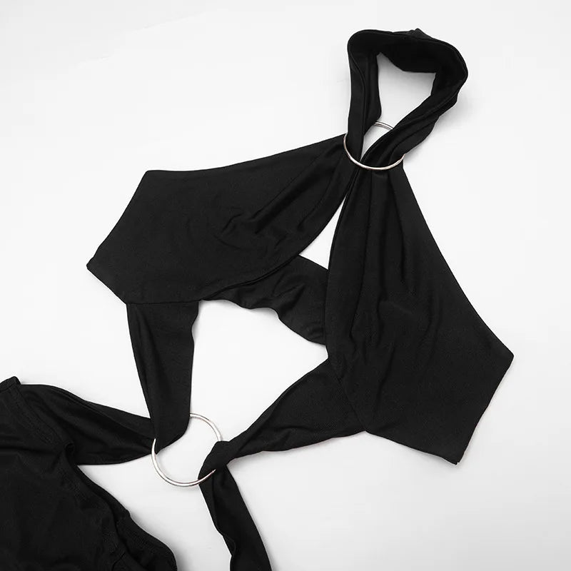 Stylish Lady Halter Jumpsuit Women Metal Ring Cutout Splicing Bodycon Capri Jumpsuit Backless Hollow Out Slim Club Party Romper
