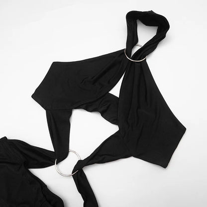 Stylish Lady Halter Jumpsuit Women Metal Ring Cutout Splicing Bodycon Capri Jumpsuit Backless Hollow Out Slim Club Party Romper