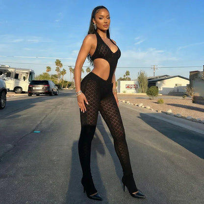 Woman Halter See Through Sexy Lace Hollow-out Patchwork Bodycon Jumpsuits  Backless Rompers Female Streetwear Overalls