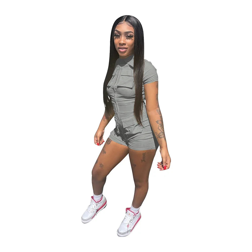 Red Jumpsuit for Woman Short Zipper V Turn Down Short Sleeve Overall Jumpsuit Shorts Casual Pockets Bodycon Rompers 2XL