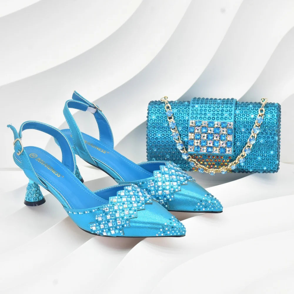 Women Nigerian Italian Shoes and Bags Set Decorated with Rhinestone Luxury Shoe and Bag Set for Party in Women Ladies Pumps
