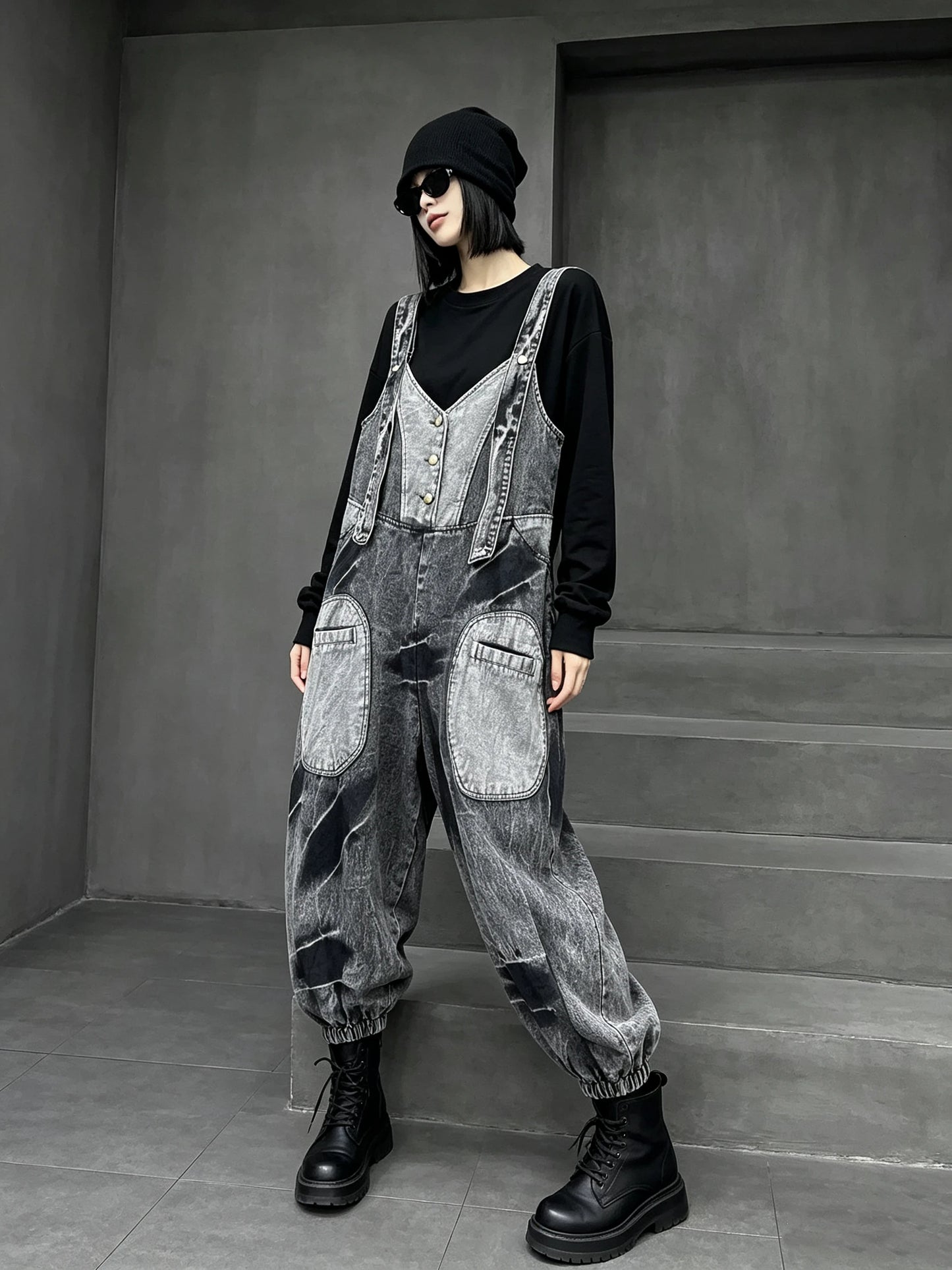 Unique Trendy Cool Distressed Color-blocked Denim Overalls Women Loose Plus-size Stylish One-piece Lantern Pants Autumn LX6298