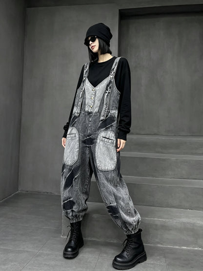Unique Trendy Cool Distressed Color-blocked Denim Overalls Women Loose Plus-size Stylish One-piece Lantern Pants Autumn LX6298