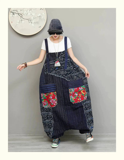 Unique Niche Women Cotton-linen Patchwork High-waist Overalls Large Pockets Sleeveless Jumpsuit LX6266