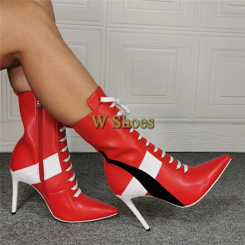 Red Pointed Toe Lace Up Sports Ankle Boots Woman Winter 2026 Color Blocking Side Zipper Stiletto Women's Boots Plus Size