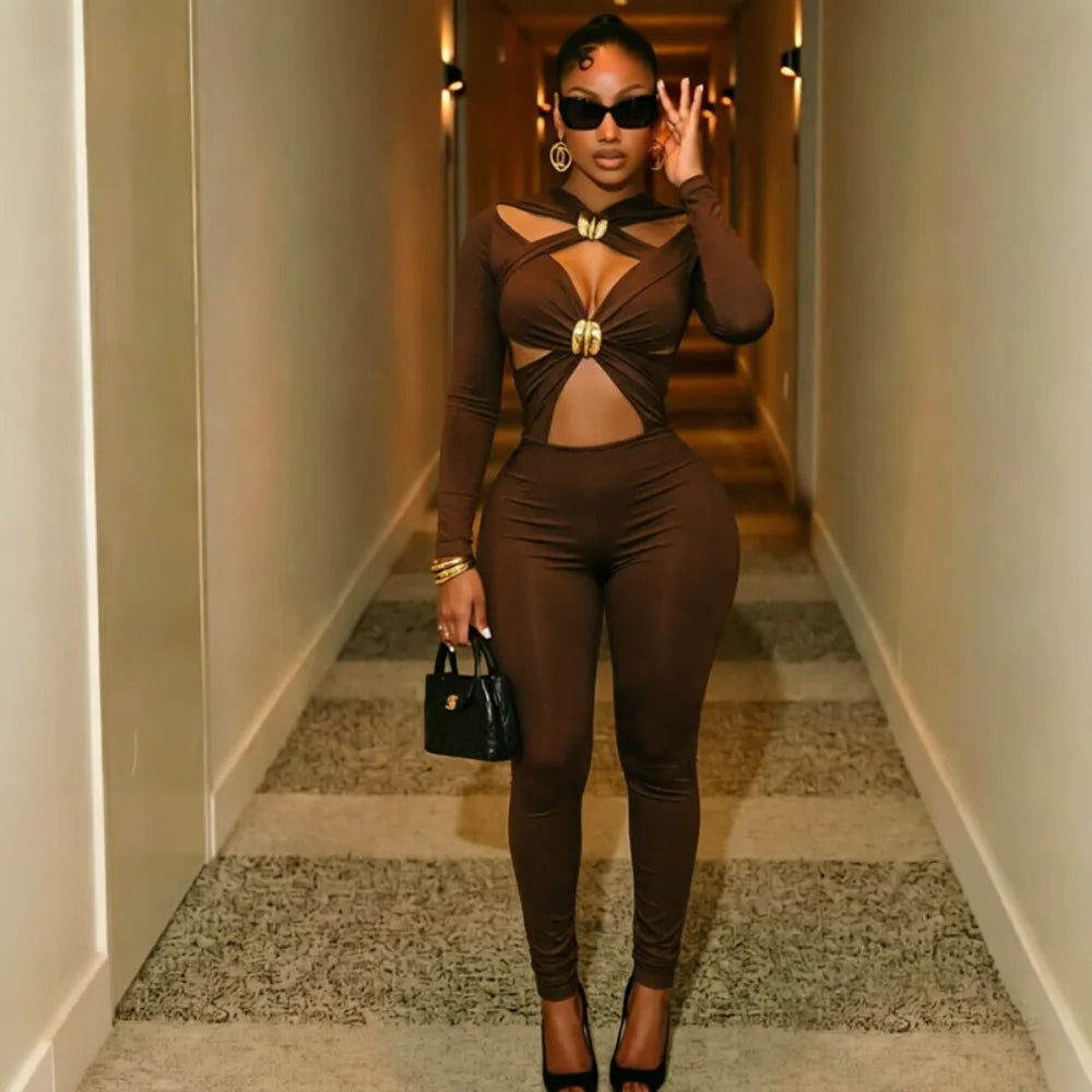 FLARORA Sexy Hollow Out Jumpsuits Woman Trend Metal Buckle Decoration Full Sleeve Skinny Peach Hip Party Club Street Overalls