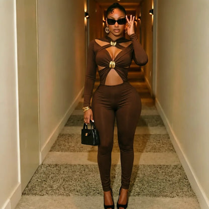 FLARORA Sexy Hollow Out Jumpsuits Woman Trend Metal Buckle Decoration Full Sleeve Skinny Peach Hip Party Club Street Overalls