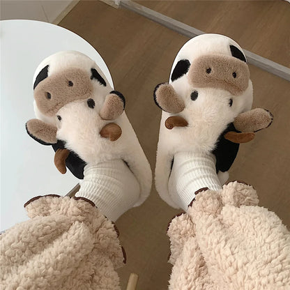 Shevalues Plush Cartoon Milk Cow Slippers Winter Women Slippers Furry Non-Slips Women Cotton Slides Couples Soft Cozy Flat Shoes