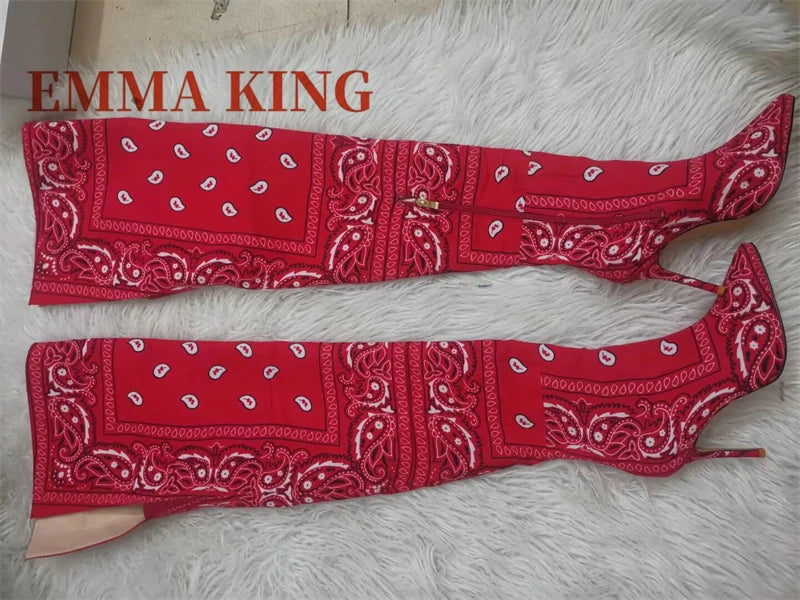 Autumn Winter Women Thigh High Boots Bandana Prints Bad Girl Heels Shoes Pointy Toe Silk Stiletto Botas Altas Mujer Size 35-44