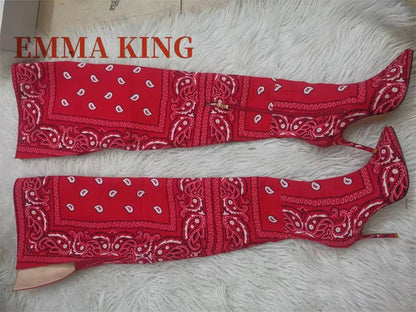 Autumn Winter Women Thigh High Boots Bandana Prints Bad Girl Heels Shoes Pointy Toe Silk Stiletto Botas Altas Mujer Size 35-44