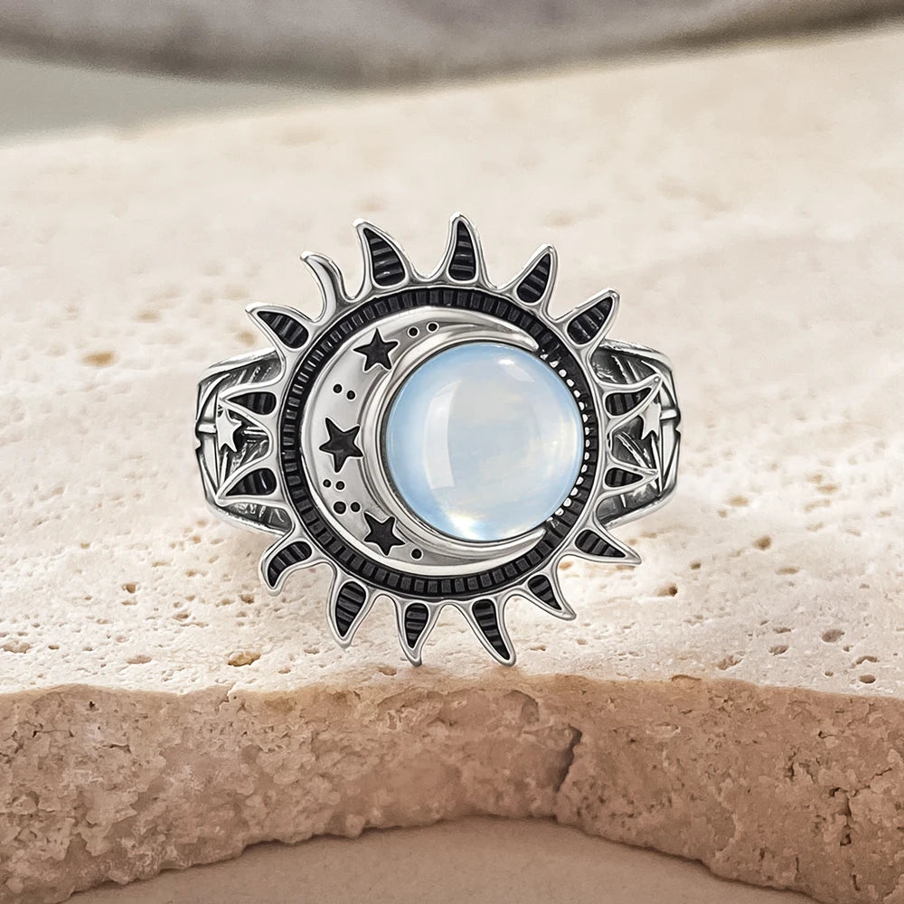925 Sterling Silver Natural Moonstone Ring 8MM Bohemian Star Sun Moon Shape Ring Gothic Punk Style Party Gift for Women Men