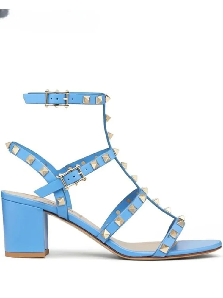Rockstud Open Toe Block Heel Sandals Luxury Designer Ankle Straps Chunky Heels Women Summer Colorful Leather Pumps Dress Shoes