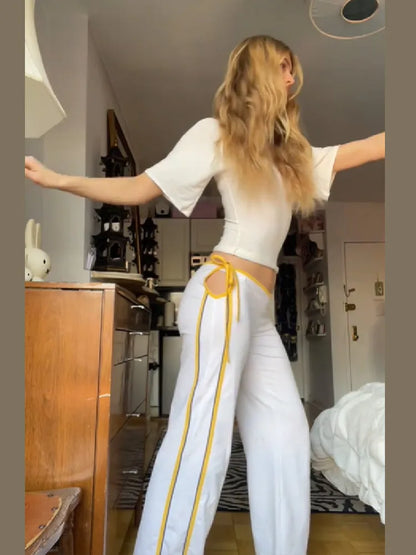Women's Vintage American Streetwear Wide Leg Pants Stripe Side Tie Loose Trousers Lady New Cozy Date Exercise Vacation Casual