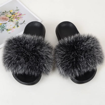 Women's Summer Faux Fur Fox Fur Slippers Fashion Luxury Indoor and Outdoor Non-Slip Solid Color Flat Bottom Furry Sandals