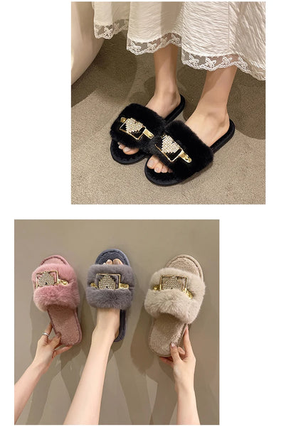 Love Chain Fluffy Women's Slippers Home Fashion Luxury Designer Shoes Woman Autumn Winter Faux Fuzzy Fur Slides Indoor Elegant