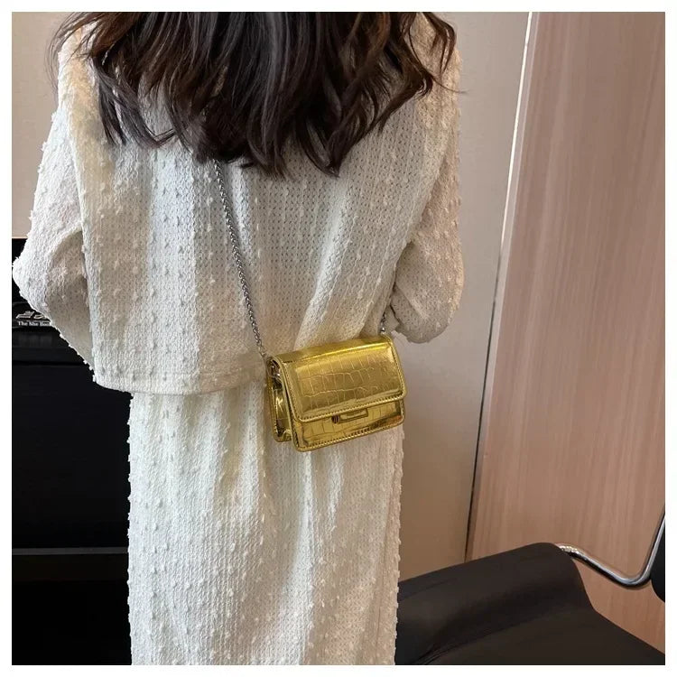 Vintage Women Silver Chic Crossbody Bag Luxury Designer Small Shoulder Bags Fashion Gold Mini Square Cute Pu Leather Handbag