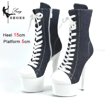 15 17 20cm Super High Nightclub Platform Heels Strappy Canvas Women's  Ankle Boots Sexy Round Toe Pole Dance Shoes Ladies Boots