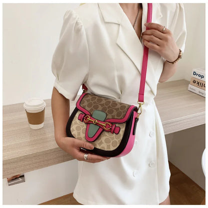 Women Retro Print Saddle Crossbody Bag Luxury Horse Bit Buckle Small Shoulder Bag Fashion PU Leather Ladies Daily Handbag