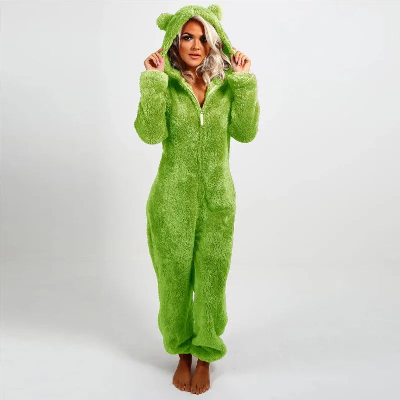 Casual Cute Women's Thick Warm Furry Jumpsuit One-Piece Solid color Hooded Pants Set Home Wear Comfortable Jumpsuits Overall