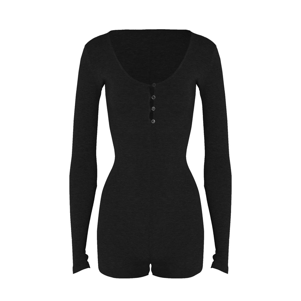 Women Yoga Playsuits Long Sleeve Buttons Jumpsuits Solid Color Slim Fit Stretch One Piece Short Romper Sexy Ladie Thumb Clasp