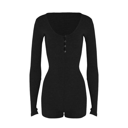 Women Yoga Playsuits Long Sleeve Buttons Jumpsuits Solid Color Slim Fit Stretch One Piece Short Romper Sexy Ladie Thumb Clasp