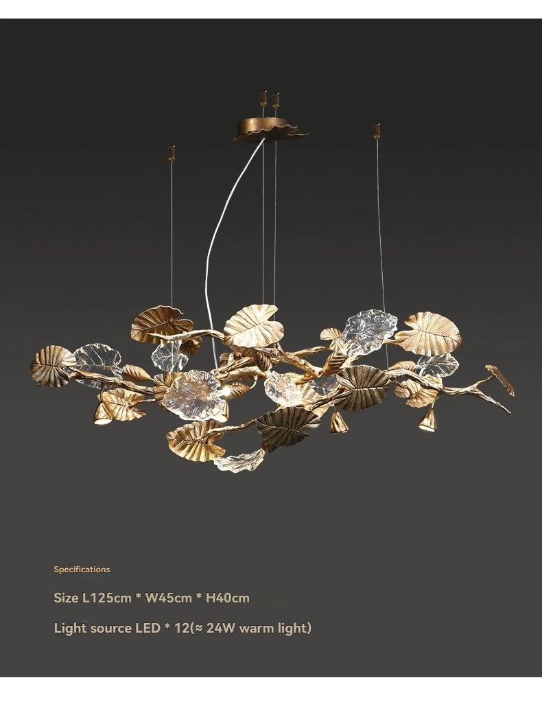 Luxury Copper Branch Chandelier Dining Table Retro Restaurant Light with Leaf Crystal Pendant Lamp Living Room Bar Kitchen Vila