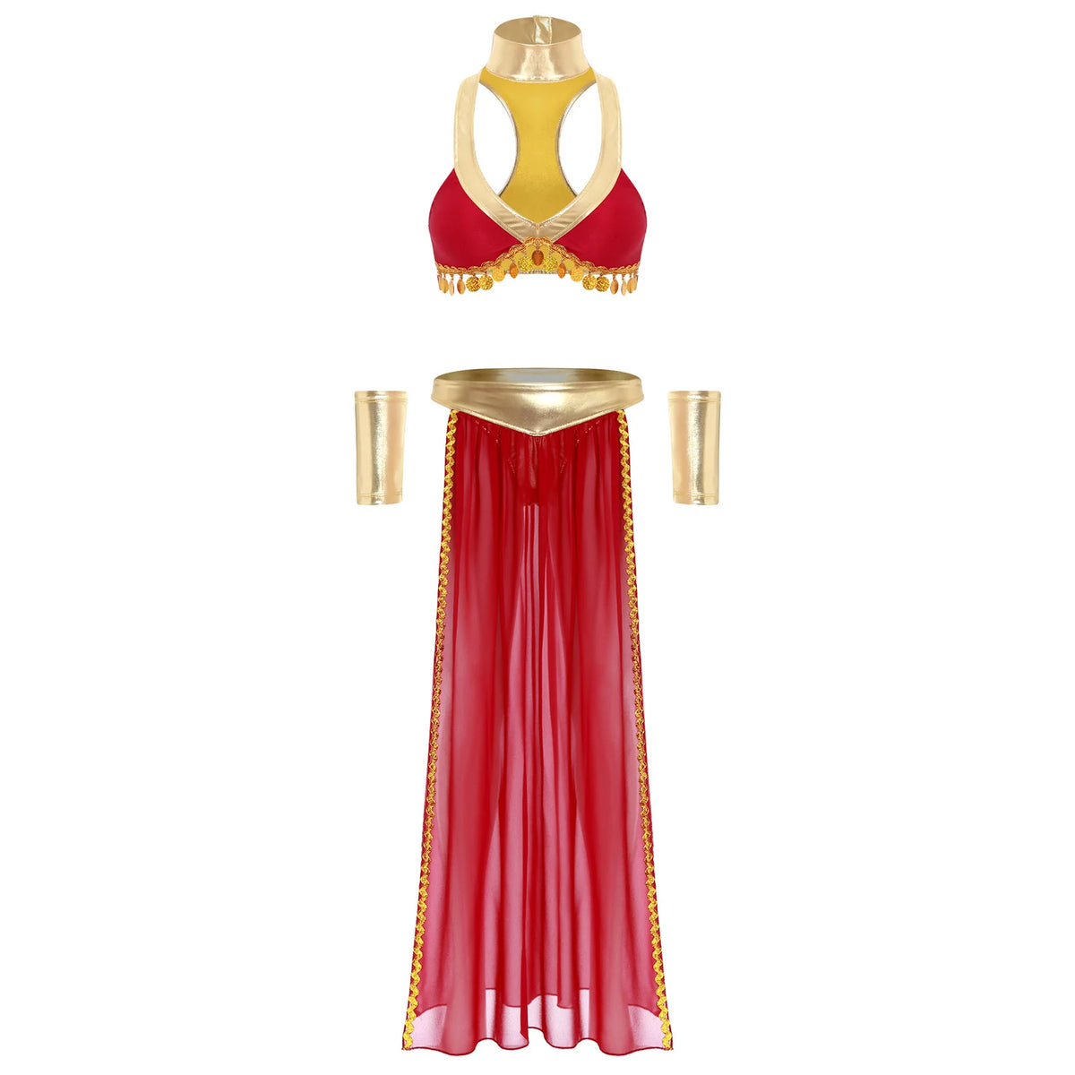 Women Ancient Egyptian Queen Cosplay Outfits with Collar Crop Top with Chiffon Skirt Metallic Shiny Indian Belly Dance