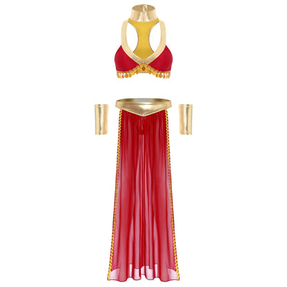 Women Ancient Egyptian Queen Cosplay Outfits with Collar Crop Top with Chiffon Skirt Metallic Shiny Indian Belly Dance