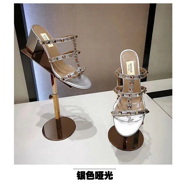 Women's Sandals Gladiator Summer With Heels Real Leather Rivets Luxury Brand High-heeled slippers Designer Silver Ladies Shoes