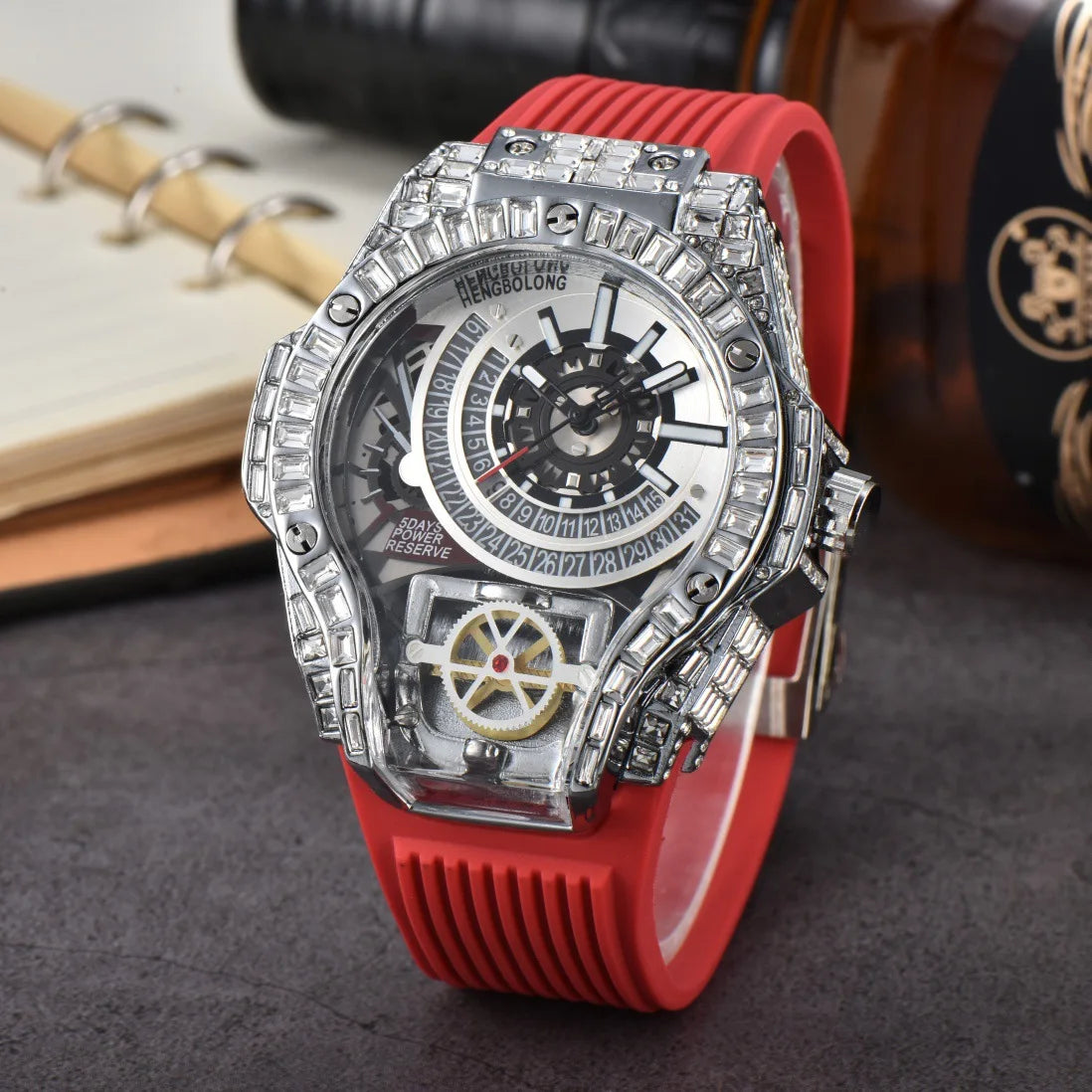 Business Full Diamond Case Luxury Top Mens Watches Rubber Strap Color Creative Decorative Quartz Watch Men AAA Clocks Relogio