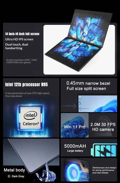 CRELANDER Mini Laptops 14 Inch 2240*1440 Double Touch Screen Intel Processor Foldable Tablet PC Windows11 Dual Screen Laptop