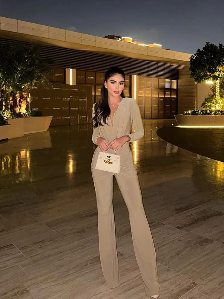 Weird Puss Cross Ruched Jumpsuit Women Patchwork Deep v-Neck Full Sleeve Elegant Skinny Stretch Workout Office Classic Overalls
